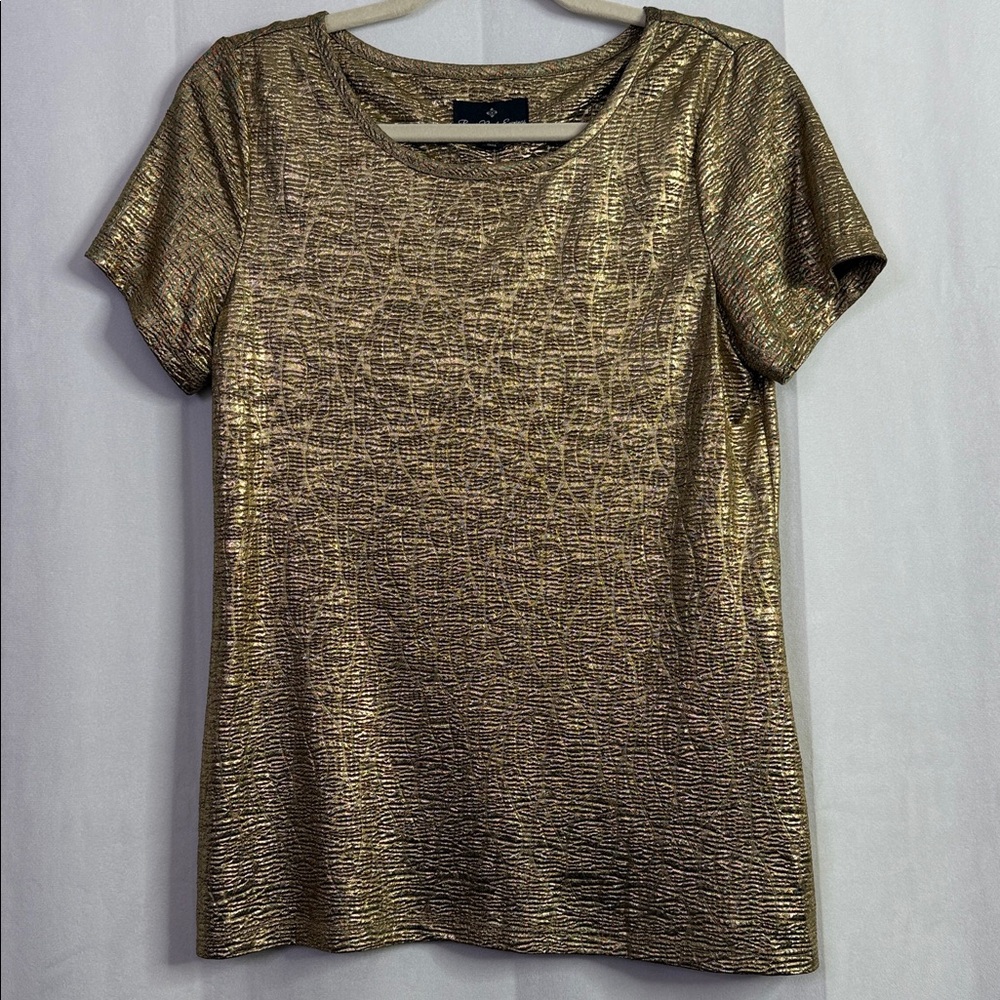 Ronni Nicole Evenings Gold Foil Metallic Short Sleeve Round Neck Top